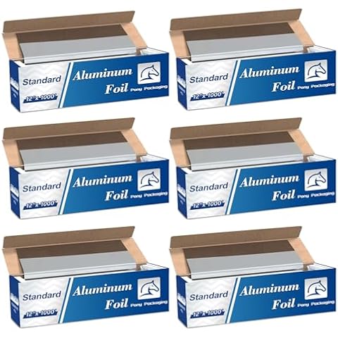 Aluminum Foil Standard 12 inch Wide, 1000 FT Food Safe Foil Wrap for Cooking, Baking, Grilling, Food Service Standard Pony Packaging Aluminum Foil Roll (12"x1000', Standard-6 Count) Cover
