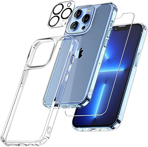 TAURI [5 in 1 Designed for iPhone 13 Pro Case [Not-Yellowing], with 2 Tempered Glass Screen Protector + 2 Camera Lens Protector, Military Grade Protection Shockproof Slim Phone Case 6.1 inch, Clear