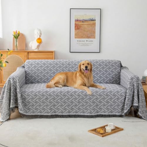 LHGOGO Sofa Überwurf aus Baumwolle | Waffle Jacquard Webart | Sofaüberwurf Decke als Couchbezug mit Fransen | Für Ecksofa, 2-Sitzer & als kuschelige Wohndecke, 180x230cm Hellgrau