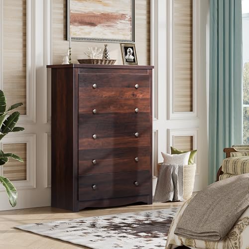 WLIVE Wood Dresser with 5 Drawers, Rustic Brown Wooden Storage Cabinet for Bedroom, Modern Organizer Drawers and Closet Dresser for Living Room, Hallway, Measuring 15.75" W*31.50" D*45.35" H
