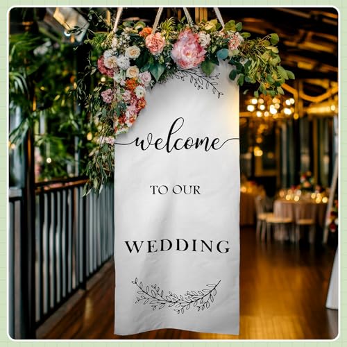 Yousoontic Welcome to Our Wedding Sign Linen Rustic Wedding Welcome 60 x 24 Inches Banner with Satin Ribbon and Retaining Clip for Ceremony, Arch, Reception Backdrop