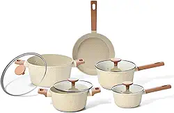 Oikos - Jogo Panelas Antiaderente Cerâmico 5 Peças para Fogão por Indução, a Gás, Elétrico e Vitrocerâmico Cor Bege Mou Pitaya