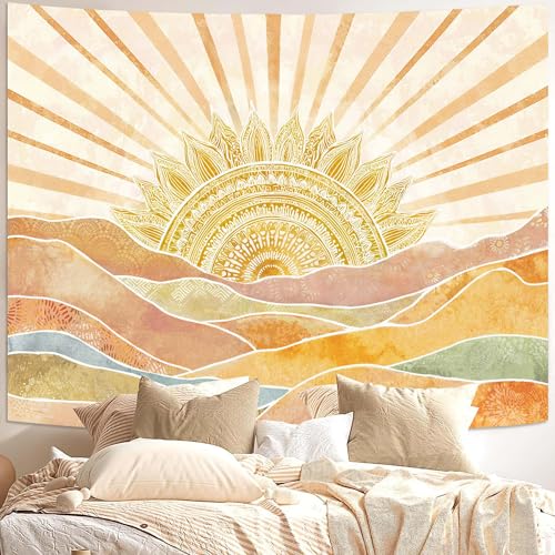Leeisysme Boho Sun Tapestry, Abstract Retro 70s Mountain Wall Art, Vintage Sunrise...