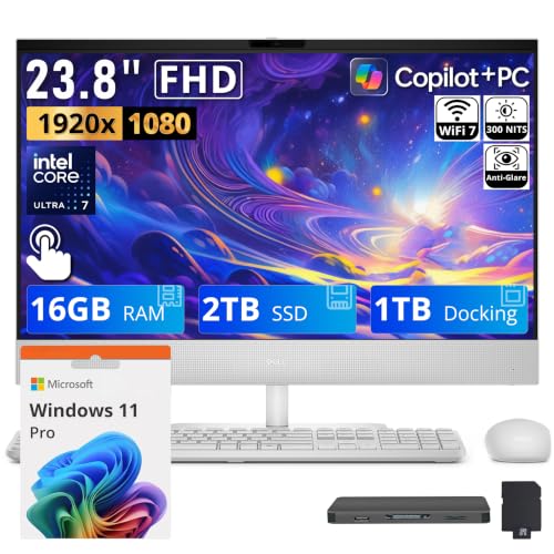 Image of Dell 23.8 inch FHD Touch All-in-One Desktop, Intel Core Ultra 7 355, 16GB DDR5, 3TB Storage (2TB SSD+1TB Docking Station), Wireless Keyboard & Mouse, Copilot+ PC, Wi-Fi 7, FHD IR Camera, Win11 Pro, White