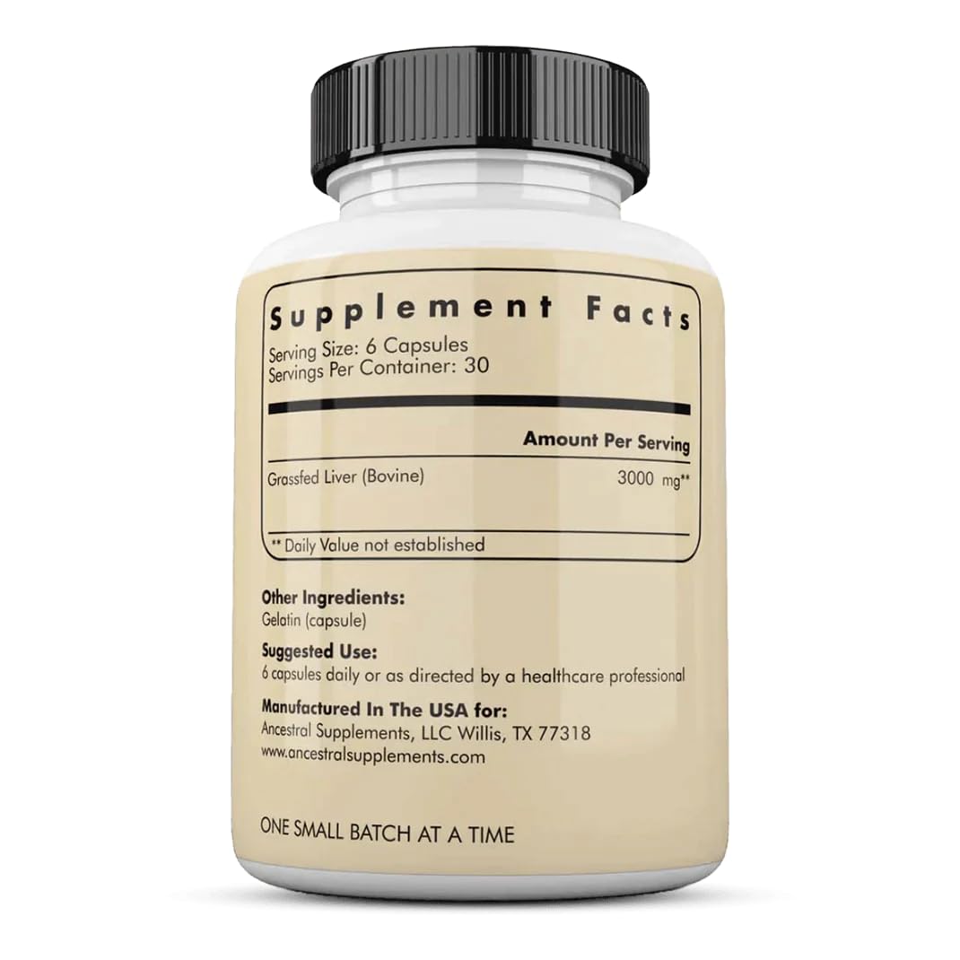 Grasgefütterte Rinderleberkapseln von Ancestral Supplements, Vollspektrum-Nahrung, reich an B-Vitaminen, Eisen & Magnesium - 180 Kapseln - 500 mg