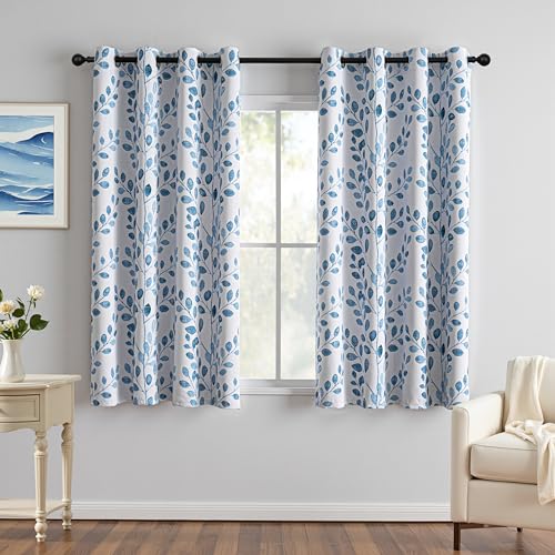 Image of MYSKY HOME Blue Leaf Curtains 63 Inch Length for Bedroom Grommet 2 Panels | Privacy Protection Room Darkening Thermal Insulated Printed Window Drapes for Kitchen Small Window, Each Panel 52 inch W