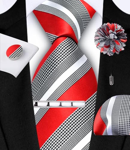 Image of GUSLESON Men's 5-pc Striped Tie Gift Set - Jacquard Necktie, Pocket Square, Cufflinks, Lapel Pin, Tie Clip - Wedding Formal Gifts