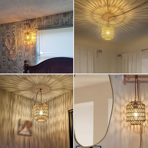 Image of Plug in Pendant Light with 6W LED Bulb Warm Light(3000K) Dimmable Switch Cute Rattan Hanging Lamp Cord 15ft Hand Woven Plug in Chandelier Boho Hanging Lights Fixture for Bedroom Kitchen
