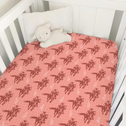 Image of Pink Western Cowboy Cactus Baby Crib Sheets 52''x28'' Vintage Cowboy Horse Snug Fitted Crib Mattress Cover for Boy Girl Retro West Plants Soft Baby Bed Sheets for Standard Crib and Toddler Mattress
