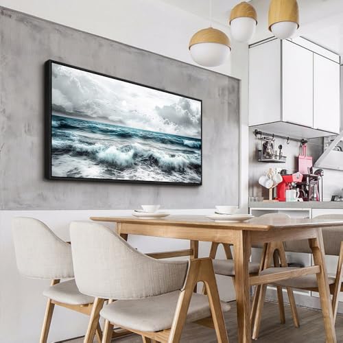 ERQINHUA Black And White Beach Canvas Wall Art For Living Room Wall Decoration For Bedroom Office Wall Decor Blue Sea Wave Printing Pictures Artwork Home Decor Painting Black Framed 24x48 In