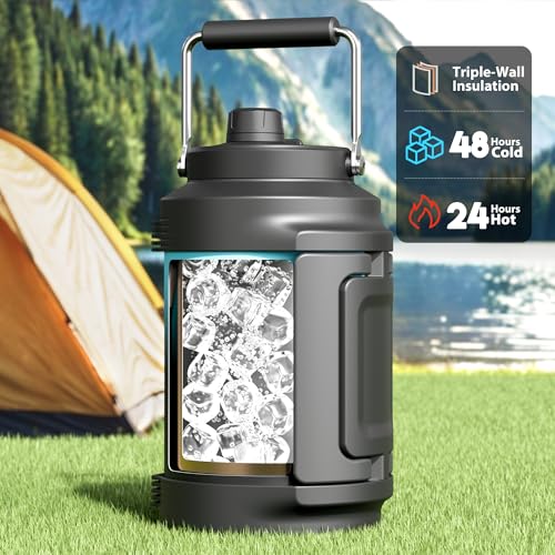 Image of 1 Gallon Insulated Water Bottle for Sports: Meoky 128 oz Triple Wall Vacuum Stainless Steel Water Jug - Top and Side Handles, Cold for 48 Hrs, 2-in-1 Straw and Spout Lid, Leak Proof for Hiking (Cyan)