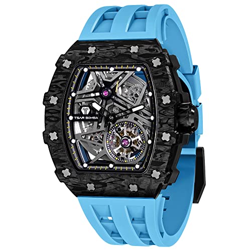 Image of TSAR BOMBA Men's Automatic Watch Tonneau Luxury Skeleton Watches for Men Mechanical 50M Waterproof Analogue Watches Mens Unique Cool Square Big Face Dial Wristwatch with Silicone Strap Band
