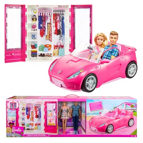 Muñecas Barbie y Ken con armario y auto convertible rosa miniatura 1