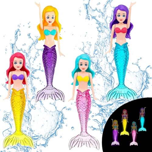 YOUYIKE Jouet de Plongée, 4 Sirène Qui Brille la Nuit, Entraînement de Piscine sous Marine, Jouet de Natation, Jeu de Jouets de Plongée sous Marine