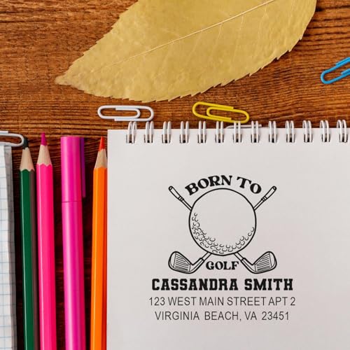 Image of Personalized Golf Passion Pre Inked Rubber Stamp - Pre Inked Address Stamp | Golf Player Stamp. Clean Impression Stamp. Choice of 5 ink colors. Personalized to your text. No separate pad needed.