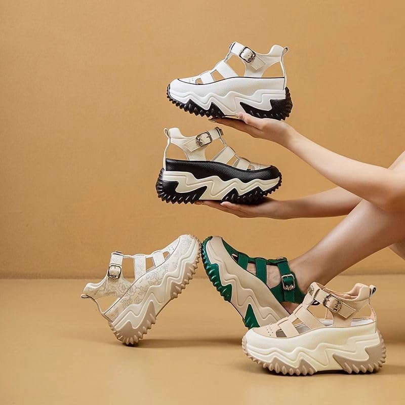 Women's 2025 Summer Platform Sneakers with Breathable Mesh, Chunky Casual Shoes for Height Increase - Lightweight Low-Top Design (Beige/Black/White)4