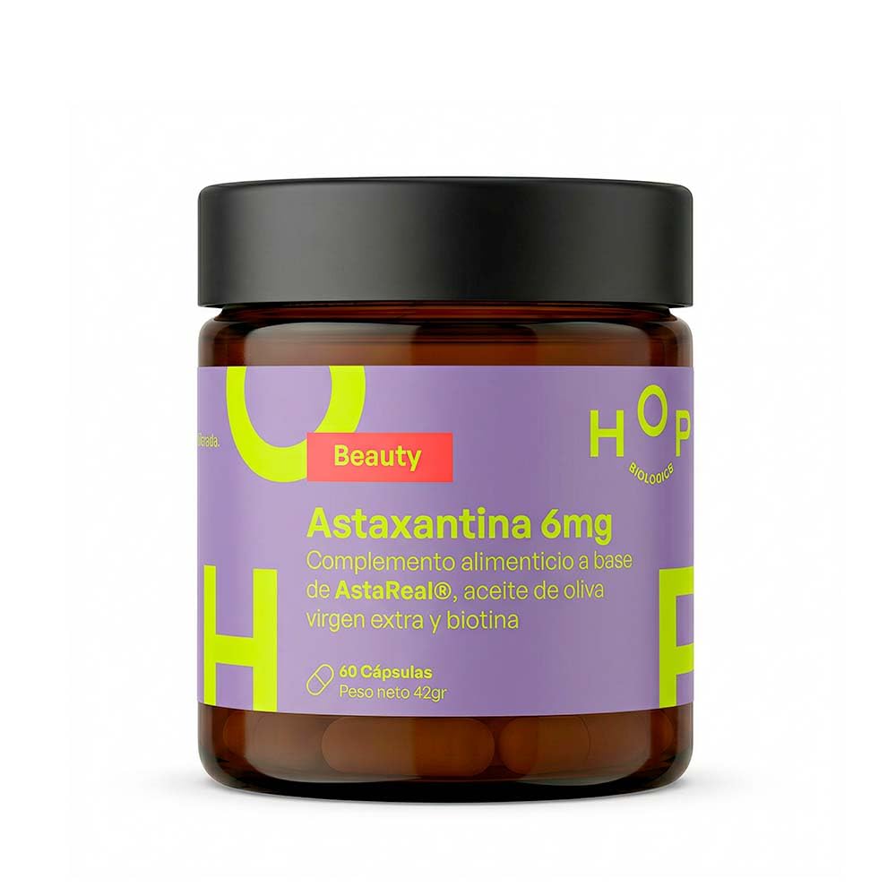 HOP Biologics Astaxantina AstaReal®, 60 Cápsulas Blandas, con Biotina y Aceite de Oliva Virgen Extra, 6 mg por Cápsula