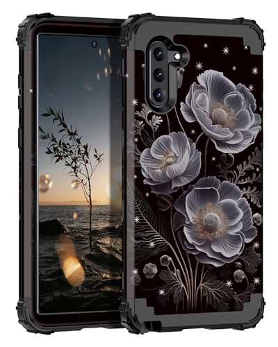 Hekodonk for Galaxy Note 10 Case,Three Layer Heavy Duty Shockproof Protection Hard Plastic+Soft Silicone Full Body Drop Protective Case for Samsung Galaxy Note 10,Black Flower