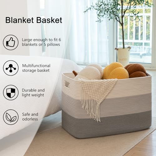 Image of OIAHOMY 108L Large Cotton Rope Basket, Rectangle Woven Baskets for Storage, Nursery Blanket Storage Living Room, Toy Basket With Handle-25 inchx16 inchx16 inch-Gradient Grey