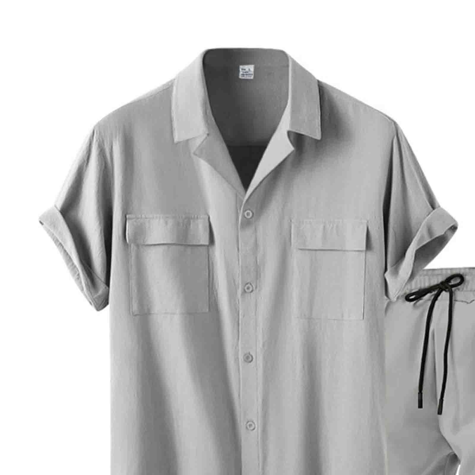 Herren Sommer Outfit Set Hemd Und Shorts Set 2 Teiliges Hemden mit 2 Taschen Kurze Hosen Elastischer Taille Leichte Sommeranzug Freizeitanzug Regular Fit Strandanzug