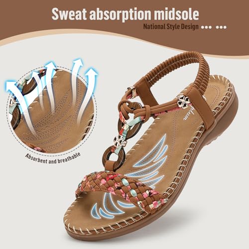 Image of Littleplum Women Sandals Arch Support Handmade Bohemian Braided Flat Sandals Comfort Walking Beach Ankle Elastic Summer Shoes