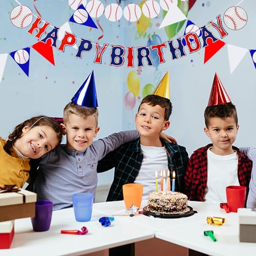 Image of Baseball Party Decorations 4 Pcs Baseball Birthday Banners Sport Happy Birthday Banner with Pennant Bunting Flag Decor for Party
