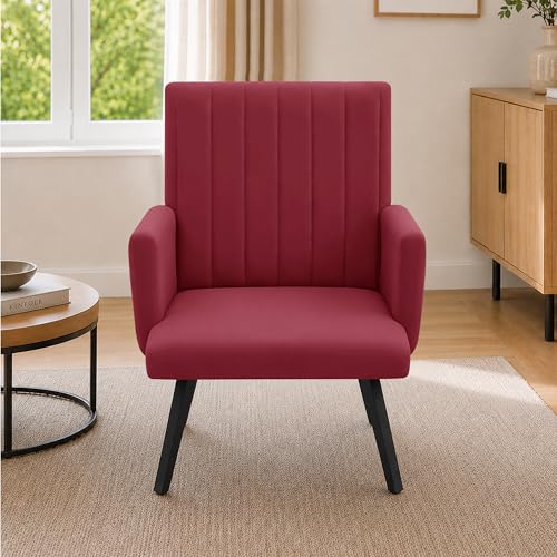 Image of Rosebell Modern Accent Chair for Living Room | Single Seater Chair with Armrests & Metal Legs | Comfortable Lounge Chair for Bedroom, Reading & Office | Red
