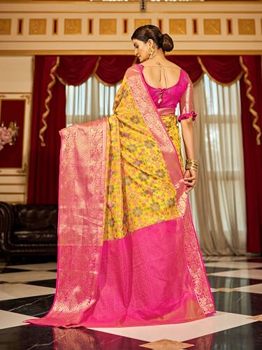 SWORNOF Women’s Banarasi Patola Silk Blend Saree with Blouse Piece (Yellow)