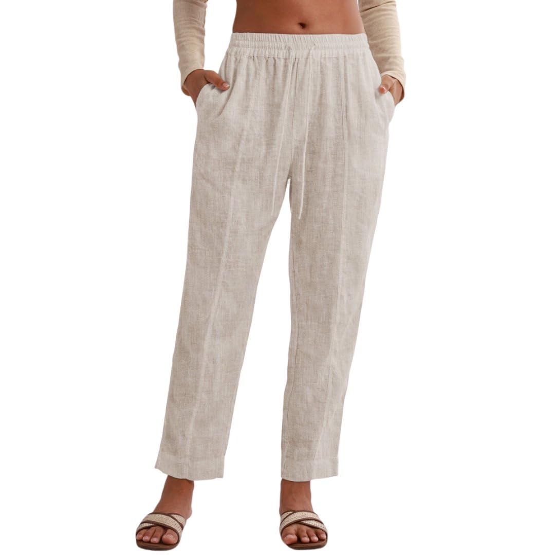 Amazhiyu Pantaloni da donna in puro lino estivo con elastico in vita con coulisse