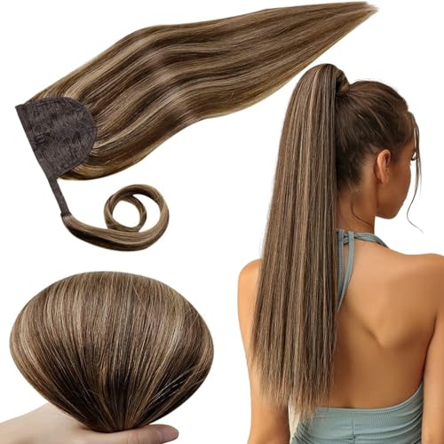 RUNATURE Real Hair Ponytail Extension Brown Highlight Blonde Human Hair Ponytail Straight Ponytail Hair Extensions Real Human Hair 12 Inch 70g