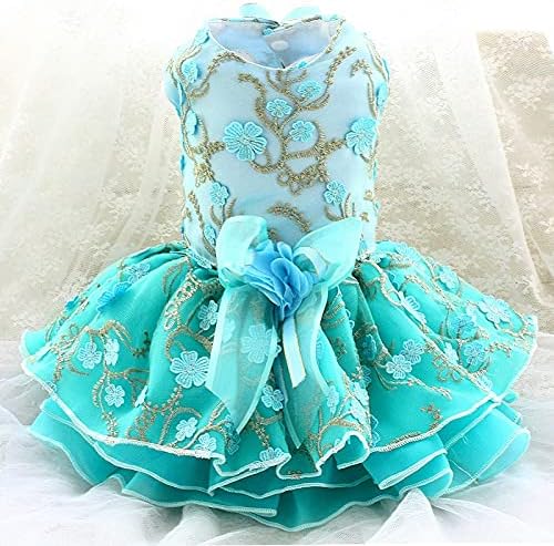 Zlovepet 手作り 犬服 犬のワンピース ユーロピアン 金色の刺繍 湖の青 姫様 ディナードレス中小型犬 S 贵宾犬マルジェス犬春夏秋 バルマスケ お気に入り