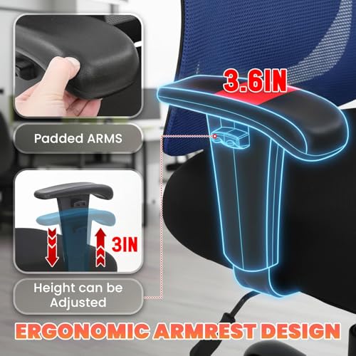 Image of BestOffice Big and Tall Office Chair Mesh Computer Chair with Lumbar Support Wide Seat Adjust Arms Rolling Swivel High Back Task Executive Ergonomic Chair for Home Office, Blue
