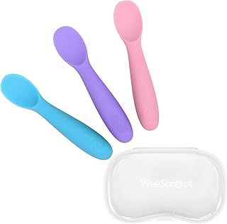 WeeSprout Baby Spoons for Self Feeding 6 Months +, Soft & Durable Silicone Utensils for Sensitive Gums & Teeth, Easy Grip Handles & Shorter Length for Little Hands, 3 Pack + Carrying Case
