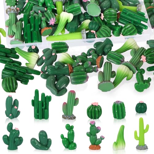 BENOSPACE 48Pcs Mini Cactus Figurines Miniature Artificial Green Cacti Statue Resin Succulent Plant for DIY Fairy Garden Plant Pot Bonsai Craft Accessories Cake Topper Micro Landscape Decors