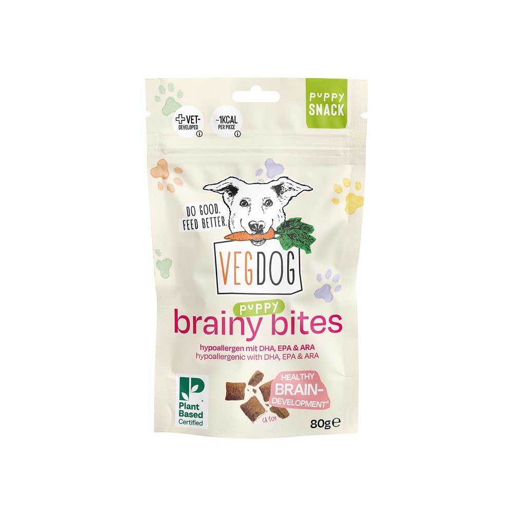 VEGDOG Brainy Bites hypoallergene Knusperkissen für Hunde (1 x 80 g) | Leckerli mit Fettsäuren zur Unterstützung der Gehirngesundheit | für Welpen geeignet