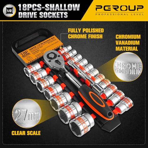 Image of 20 PCS 1 /2 inch Drive Metric Socket Wrench Set,1 /2 Reversible Ratchet Handle,6 Point Shallow Sockets (8-32mm) and Extension Bar 5 inch, CR-V Steel, Car Repair Set