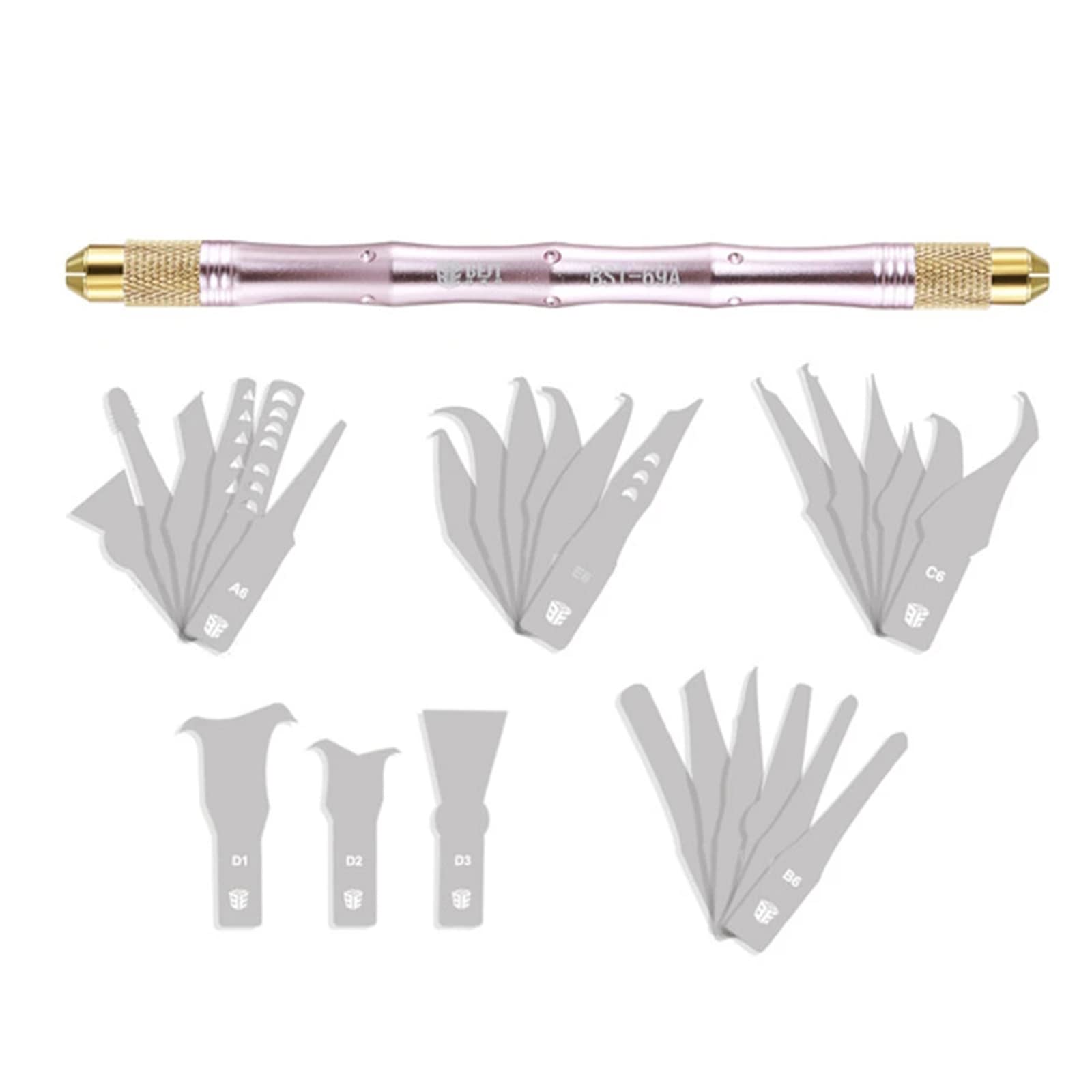 MEELYHOME BST-69A+ 28 In 1 CPU IC Chip Remover Knife Motherboard PCB For Mobile Phone BGA Chip Remove Tool Pry, 13cm long body, Pink