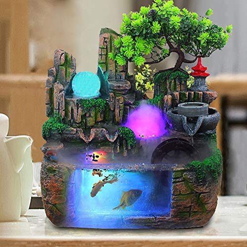 DNYSYSJ Tabletop Waterfall Fountain with Rockery, Mini Silent Indoor Ornament Desk Water Fountain Desktop Simulation Resin with Atomizer LED Small Fish Tank for Office Bedroom Home Decor Windmill