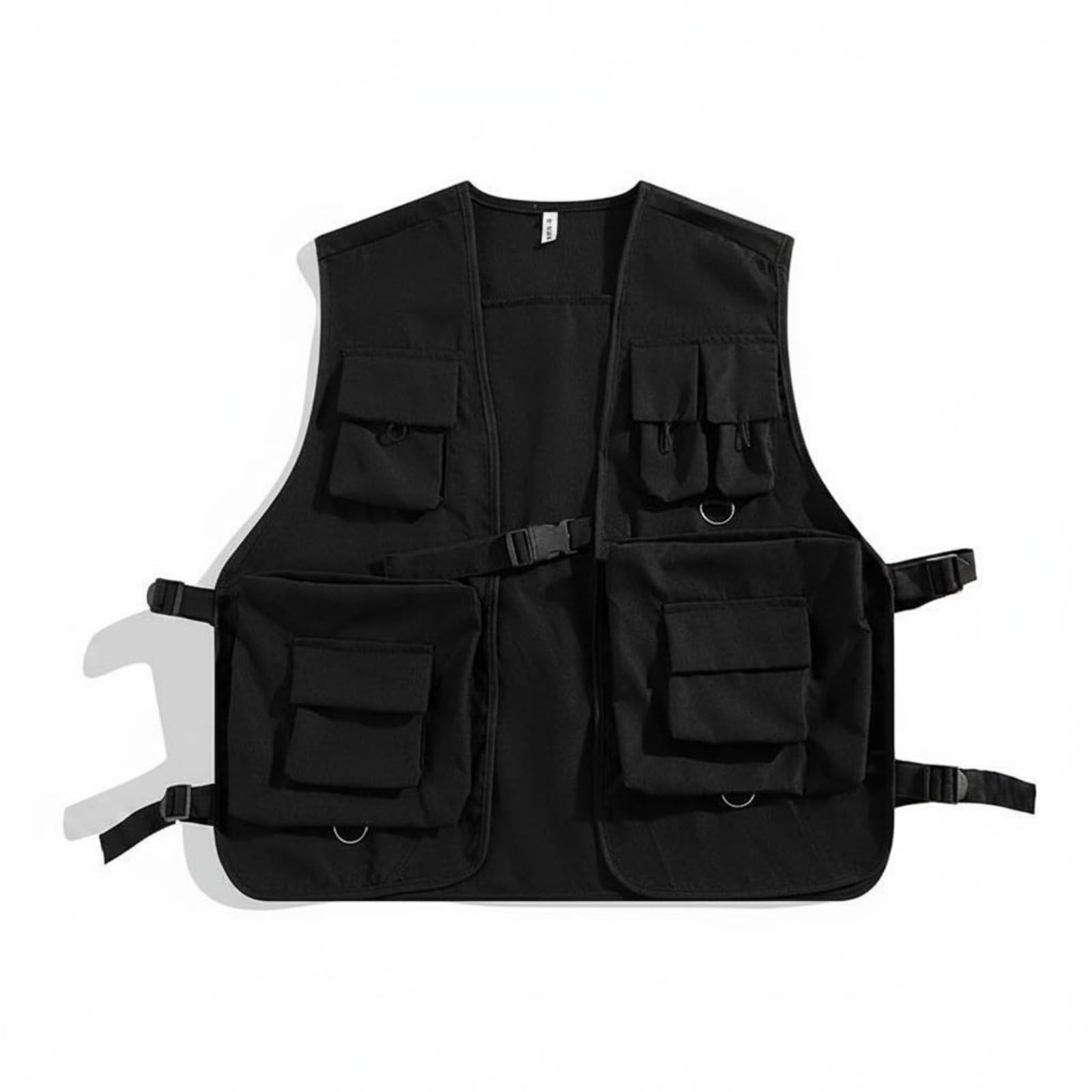 Black Cargo Vest Streetwear Look Multi-Pocket Vest Long-Lasting Utility Sleeveless Jacket for Men, Women, Outdoor, Black, XL|Vests-picture-39