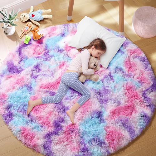 Image of PAGISOFE Rainbow Purple Round Rug for Bedroom Girls 6Ft, Fluffy Cute Colorful Pastel Princess Carpet, Shaggy Girls Rug for Kids Room, Fuzzy Playroom Nursery Dorm Rugs, Hot Pink Purple Kids Room Decor