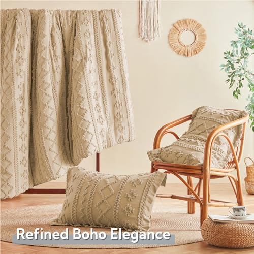 Image of MR&HM 7 Pieces Boho Comforter Set King, Khaki Tufted Boho Bedding Set, Farmhouse Shabby Chic Bed in a Bag with 1 Comforter, 2 Pillow Shams, 2 Pillowcases, 1 Flat Sheet, 1 Fitted Sheet for All Seasons