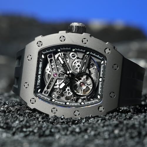 Image of TSAR BOMBA Men's Automatic Watch Tonneau Luxury Skeleton Watches for Men Mechanical 50M Waterproof Analogue Watches Mens Unique Cool Square Big Face Dial Wristwatch with Silicone Strap Band