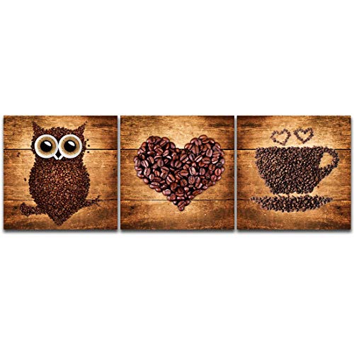 A Cup Of Tea Creative Coffee Bean Painting Canvas Print Owl Heart Cup Picture Wall Art For Home Kitchen Cafe Bar Restaruant Wall Decor Modern Artwork 3Pcs 12"X12" Framed #TOP1