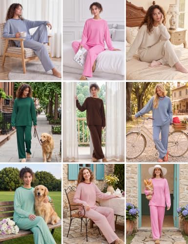 Image of MISSACTIVER Women's 2 Piece Striped Lounge Set Long Sleeve Oversized T-Shirt Wide Leg Pants Matching Pajamas Set