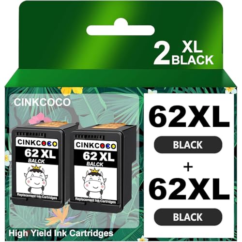 CINKCOCO 62XL Druckerpatronen 62 XL Multipack Tintenpatronen Kompatibel für HP 62 Druckerpatronen Patronen für Envy 5540 5544 5545 5548 5640 5646 7640 OfficeJet 200 5740 5742 5744 (2 Schwarz)