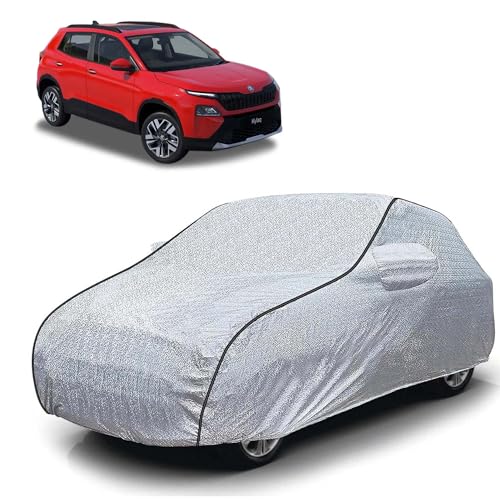 Image of Sulfar 100% Waterproof Car Body Cover Compatible with Mirror for Skoda Kylaq (Triple Stitched, Full Bottom Elastic, Magic Silver with Black Piping)