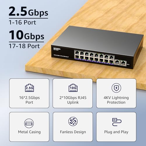 Image of 10Gbe Ethernet Switch Unmanaged with 2 x 10Gb RJ45 Ports + 16 x 2.5Gb Base-T Ports, Desktop /19-inch Rack Mount, NICGIGA 18 Port 10Gbps Network Switch for Wireless AP, NAS, PC