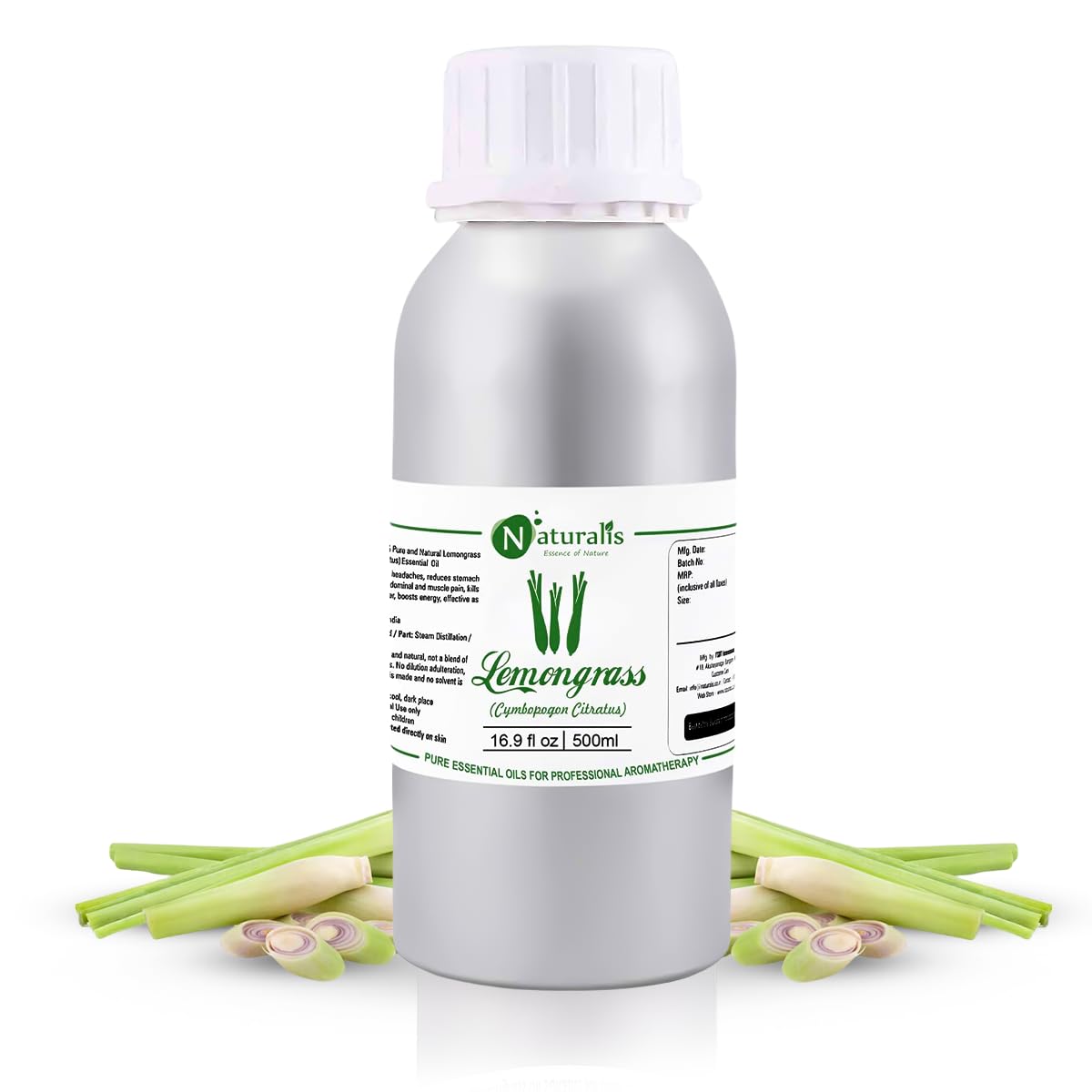 Naturalis Lemon Grass Oil - Pure and Undiluted Lemongrass Essential Oil for Aromatherapy, Skin and Hair Care, and Effective Insect Repellent - 500ml