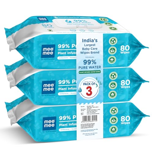Image of Mee Mee Pure Water Wet Wipes with Lid 80 pcs (Pack of 3) - Unscented, Plant Derived, Super Thick Baby Wet pure Wipes