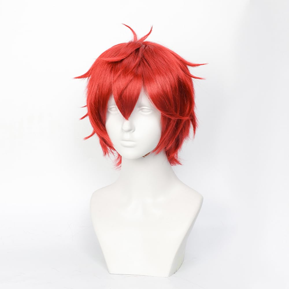Red Cosplay Wig Mens Short Spiky Layered Hair with Bangs Heat Resistant Synthetic Wig for Costume Party (Red)